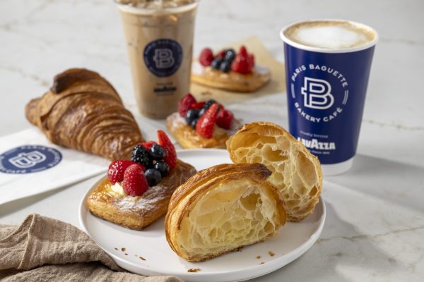 Assortment of Paris Baguette Pastries and Beverages including Croissant and Very Berry Pastries